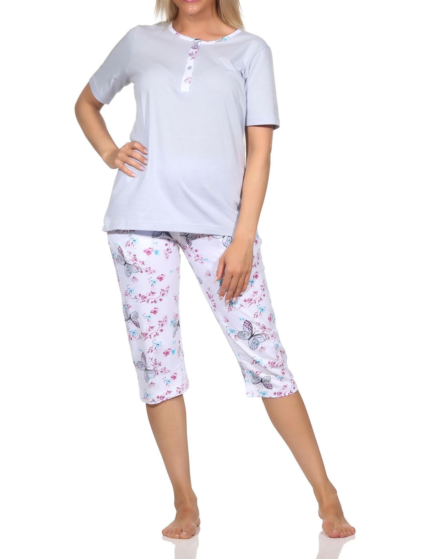 Normann Damen Schlafanzug kurzarm mit Capri-Pyjamahose in floralem Schmetterlings Print