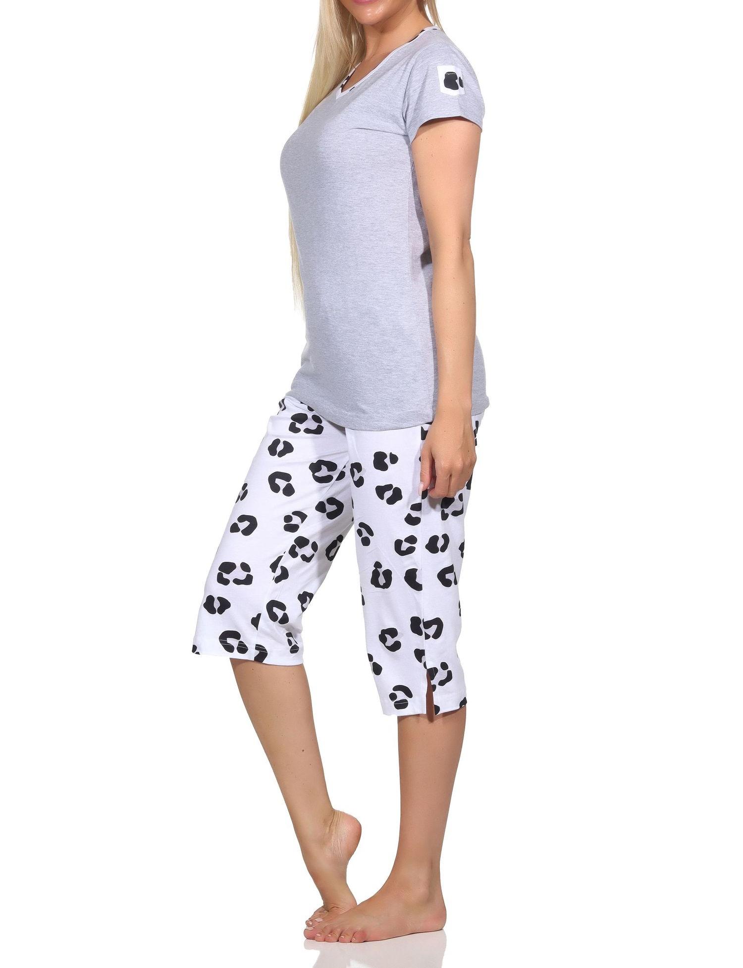 Normann Damen kurzarm Capri Schlafanzug Shorty Pyjama aus weichem Jersey  mit Tiermotiv