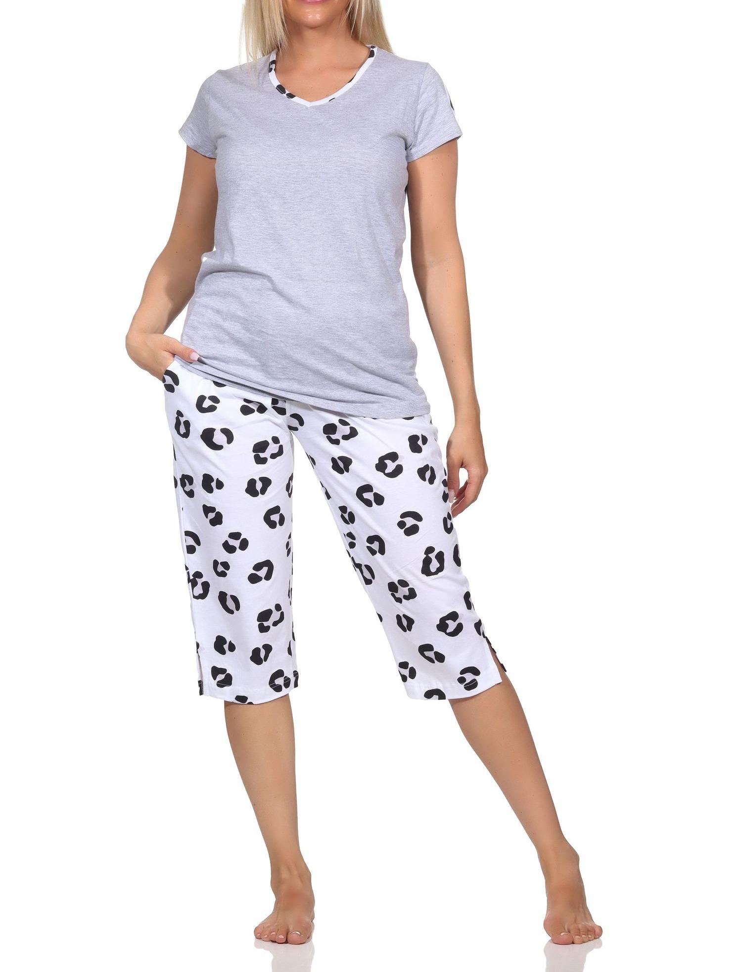 Normann Damen kurzarm Capri Schlafanzug Shorty Pyjama aus weichem Jersey  mit Tiermotiv