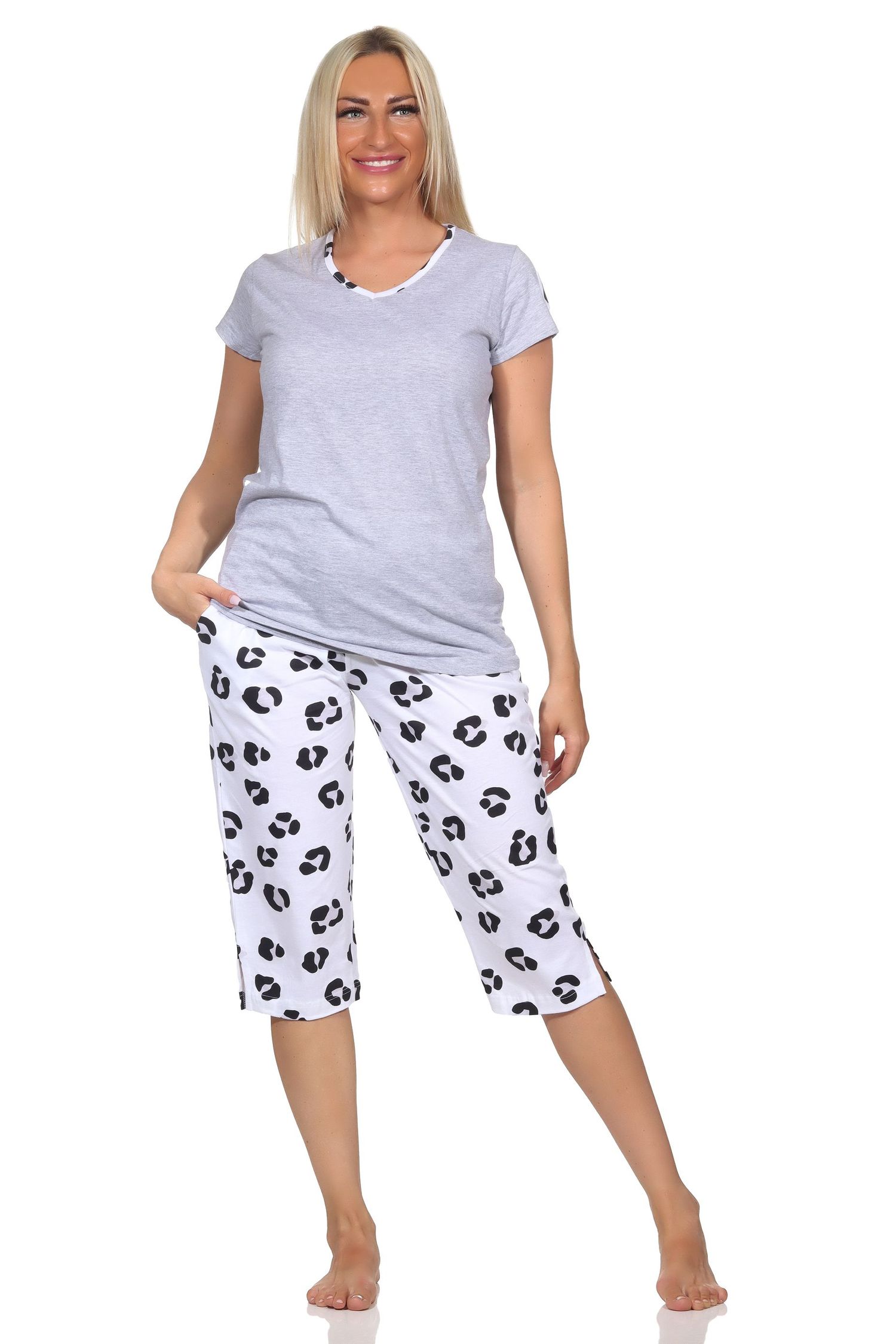 Normann Damen kurzarm Capri Schlafanzug Shorty Pyjama aus weichem Jersey  mit Tiermotiv