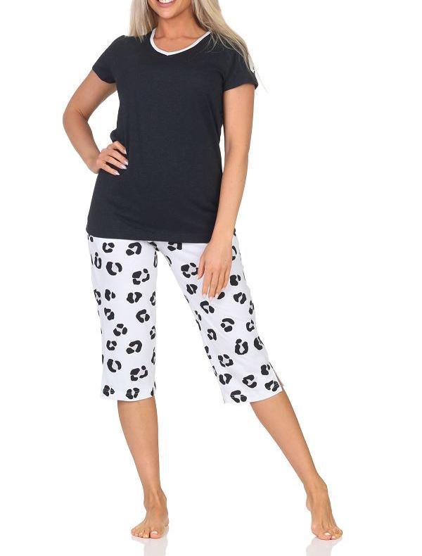 Normann Damen kurzarm Capri Schlafanzug Shorty Pyjama aus weichem Jersey  mit Tiermotiv