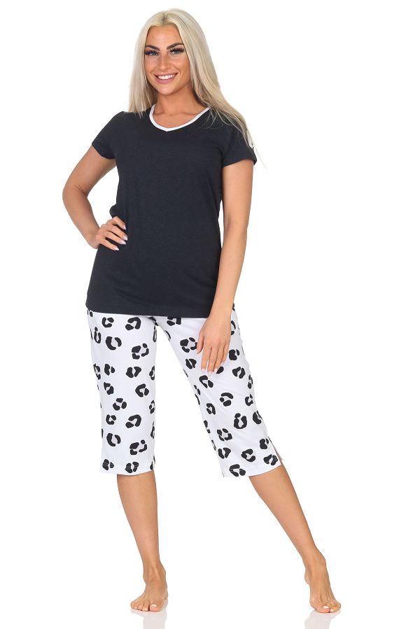 Normann Damen kurzarm Capri Schlafanzug Shorty Pyjama aus weichem Jersey  mit Tiermotiv