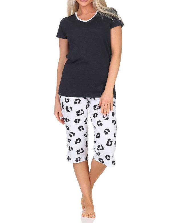 Normann Damen kurzarm Capri Schlafanzug Shorty Pyjama aus weichem Jersey  mit Tiermotiv