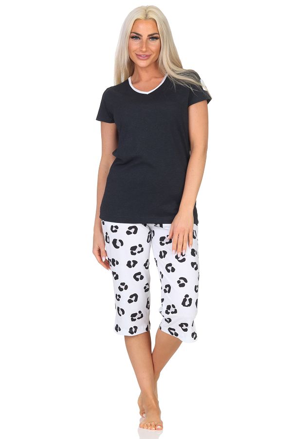 Normann Damen kurzarm Capri Schlafanzug Shorty Pyjama aus weichem Jersey  mit Tiermotiv