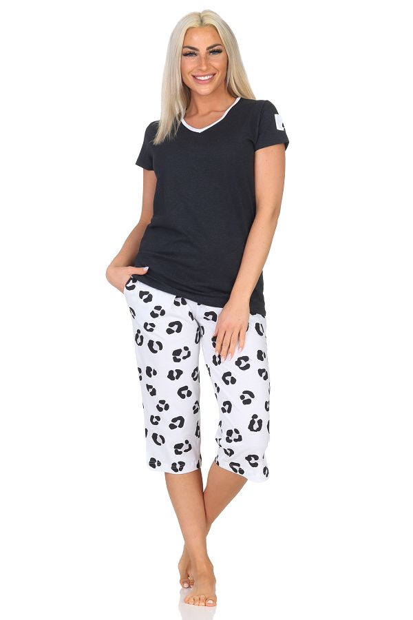 Normann Damen kurzarm Capri Schlafanzug Shorty Pyjama aus weichem Jersey  mit Tiermotiv