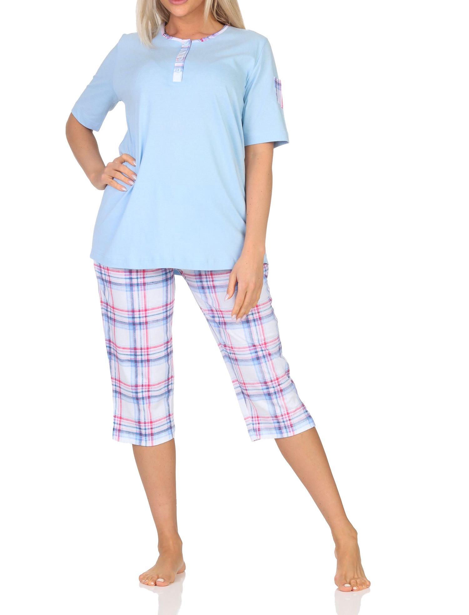 Normann Damen Schlafanzug kurzarm Shorty mit karierter Capri Pyjama-Hose aus Jersey - auch in Übergröße Normann Damen Schlafanzug mit karierter Capri Pyjama-Hose aus Jersey - auch in Übergröße