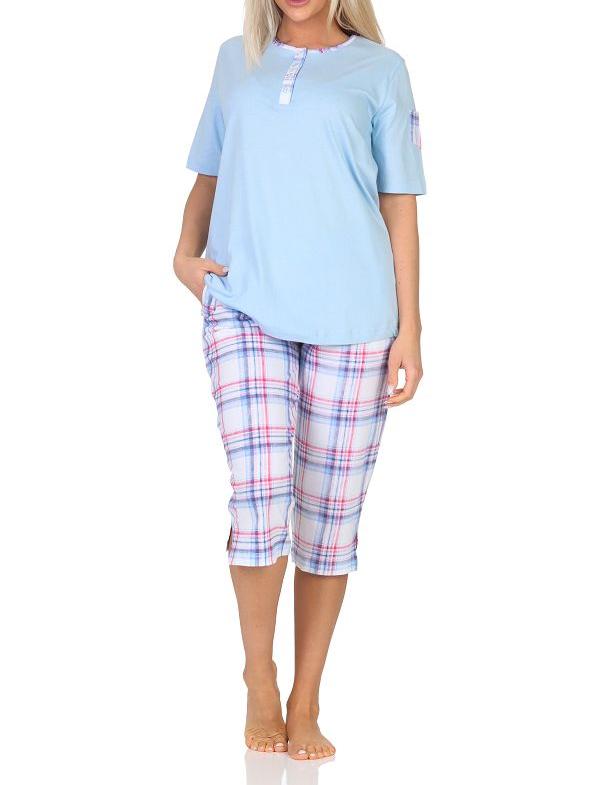 Normann Damen Schlafanzug kurzarm Shorty mit karierter Capri Pyjama-Hose aus Jersey - auch in Übergröße Normann Damen Schlafanzug mit karierter Capri Pyjama-Hose aus Jersey - auch in Übergröße