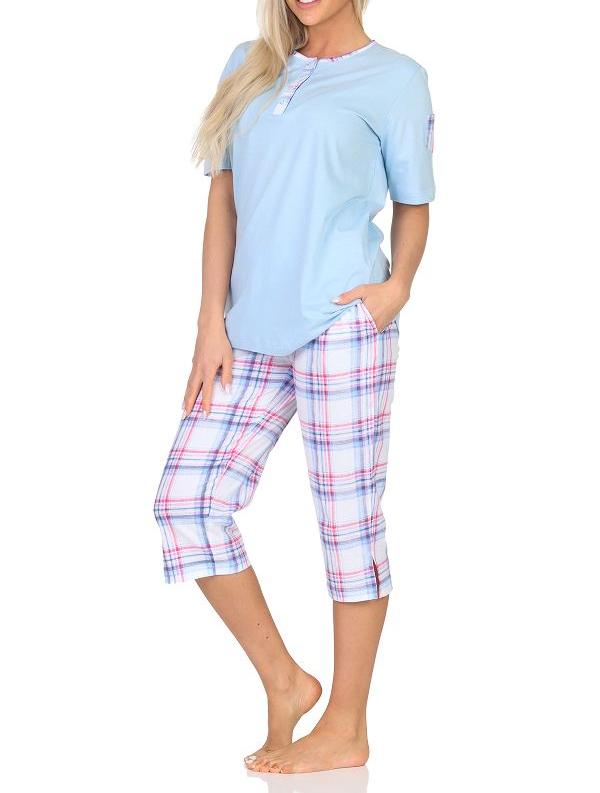 Normann Damen Schlafanzug kurzarm Shorty mit karierter Capri Pyjama-Hose aus Jersey - auch in Übergröße Normann Damen Schlafanzug mit karierter Capri Pyjama-Hose aus Jersey - auch in Übergröße