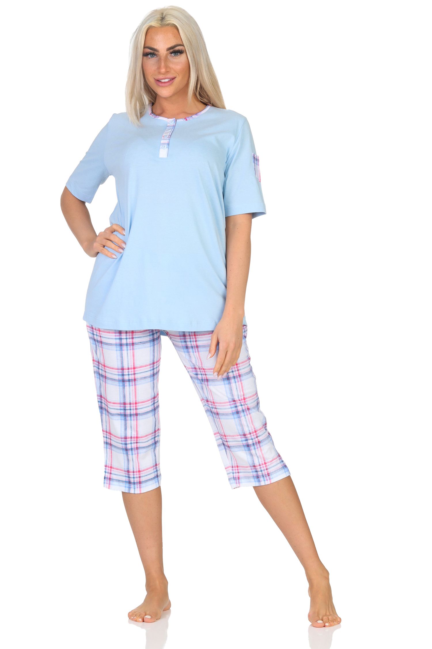 Normann Damen Schlafanzug kurzarm Shorty mit karierter Capri Pyjama-Hose aus Jersey - auch in Übergröße Normann Damen Schlafanzug mit karierter Capri Pyjama-Hose aus Jersey - auch in Übergröße