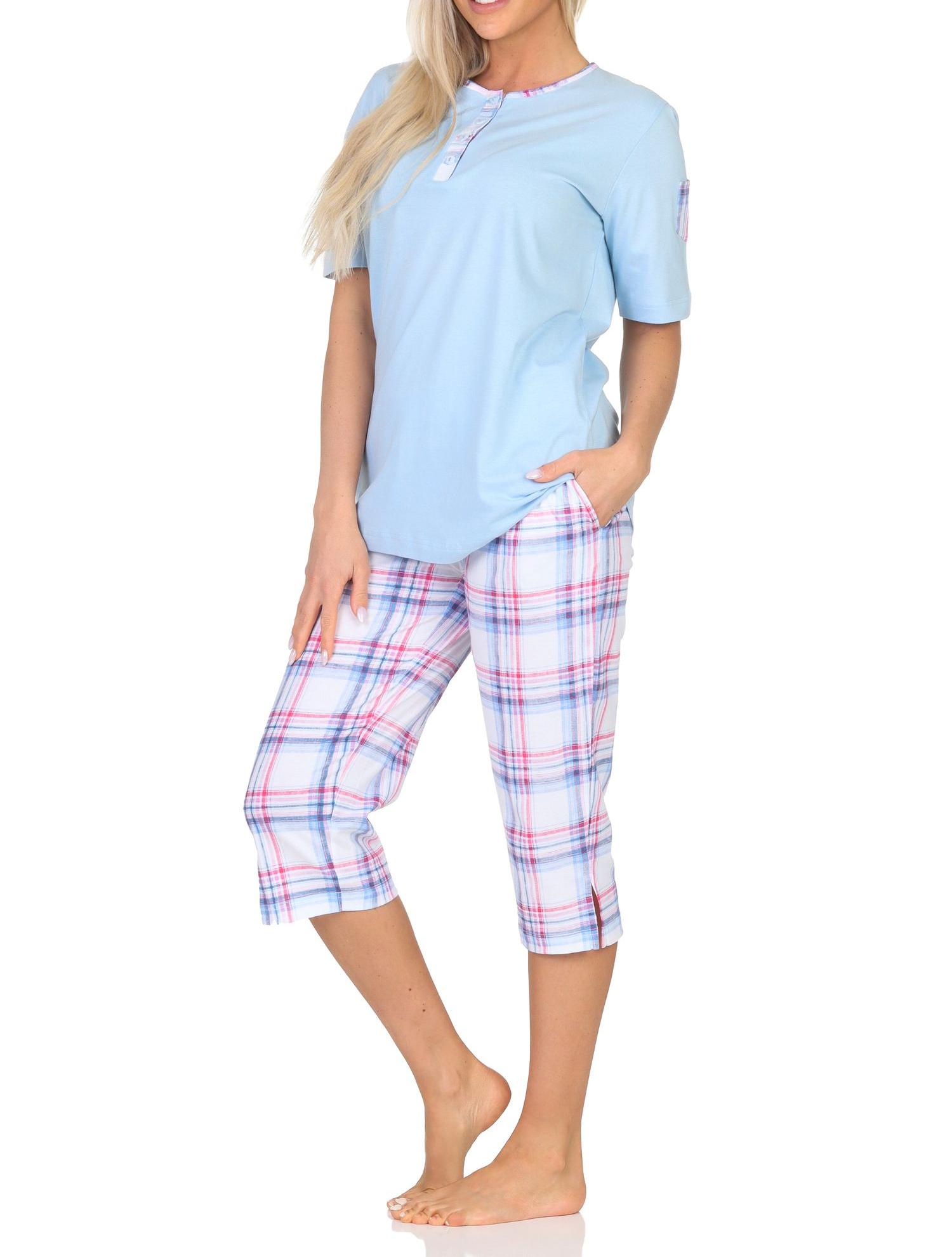 Normann Damen Schlafanzug mit karierter Capri Pyjama-Hose aus Jersey - auch in Übergröße