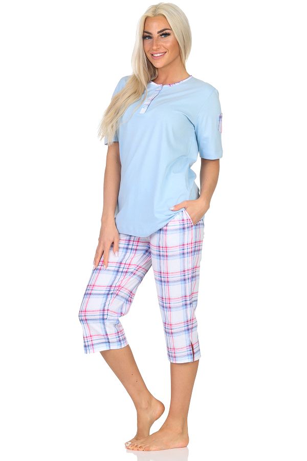 Normann Damen Schlafanzug mit karierter Capri Pyjama-Hose aus Jersey - auch in Übergröße