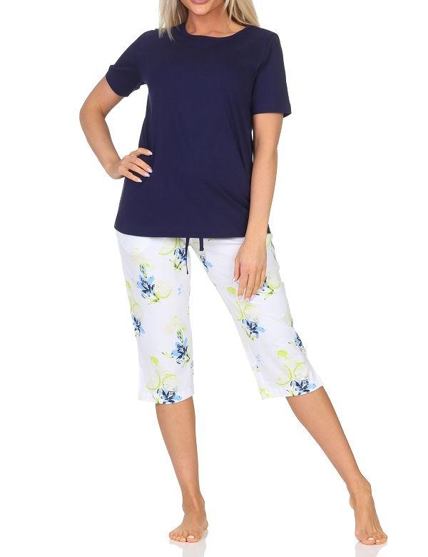 Normann Damen Schlafanzug kurzarm, Capri Pyjamahose mit floralen Print - auch in Übergröße