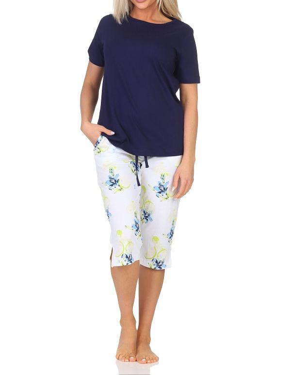 Normann Damen Schlafanzug kurzarm, Capri Pyjamahose mit floralen Print - auch in Übergröße