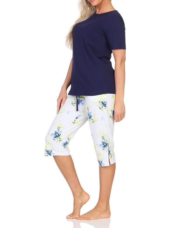 Normann Damen Schlafanzug kurzarm, Capri Pyjamahose mit floralen Print - auch in Übergröße