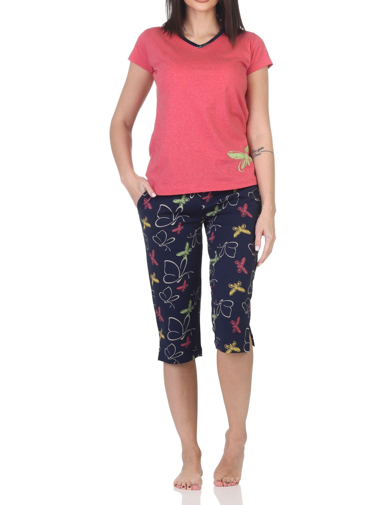 Normann Damen kurzarm Capri Schlafanzug mit Schmetterling als Motiv - auch in Übergröße