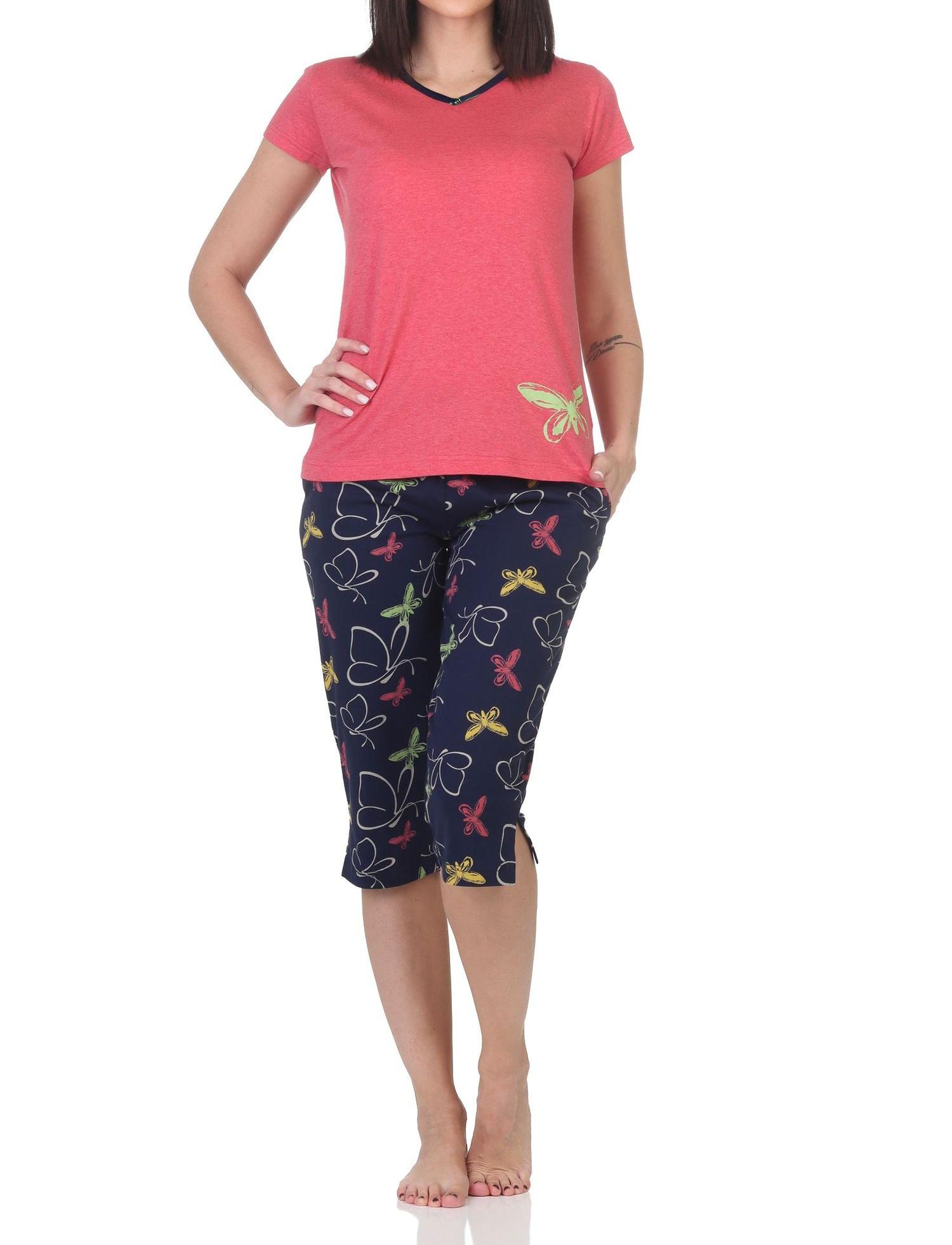 Normann Damen kurzarm Capri Schlafanzug mit Schmetterling als Motiv - auch in Übergröße