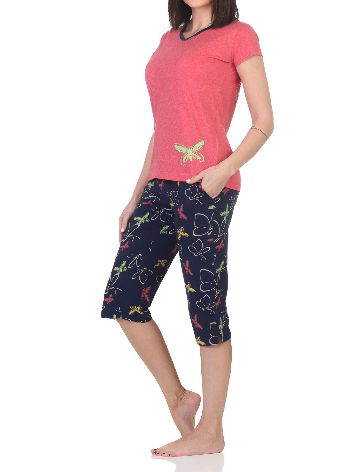 Normann Damen kurzarm Capri Schlafanzug mit Schmetterling als Motiv - auch in Übergröße