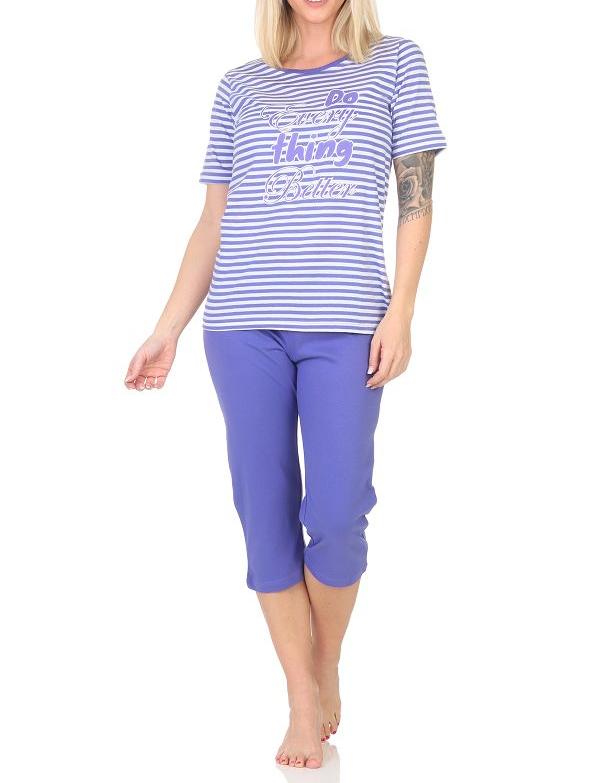 Normann Damen kurzarm Capri Schlafanzug Pyjama in feiner Streifenoptik mit Frontprint