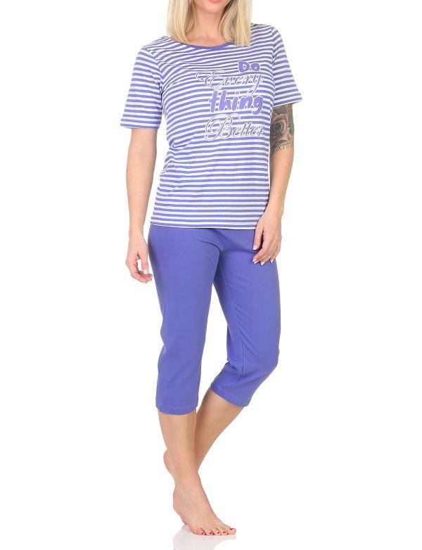 Normann Damen kurzarm Capri Schlafanzug Pyjama in feiner Streifenoptik mit Frontprint