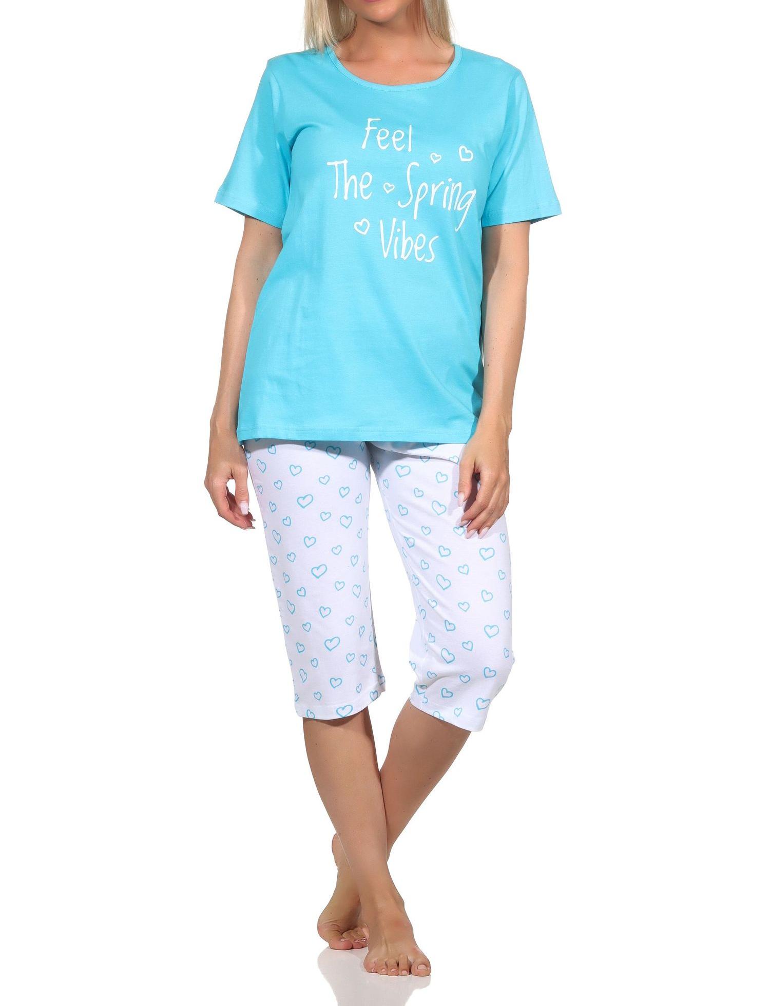 Normann Damen Schlafanzug kurzarm Shorty mit Pyjama Capri-Hose in Herz Optik