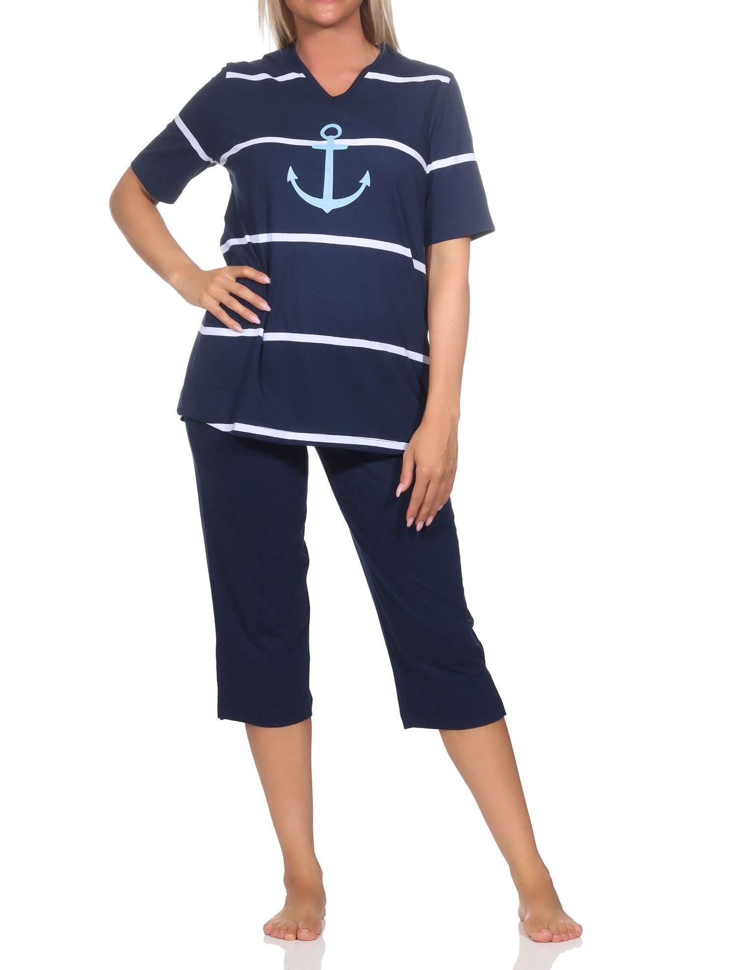 Maritimer Damen kurzarm Capri Schlafanzug Shorty mit Anker Motiv - auch in Übergröße