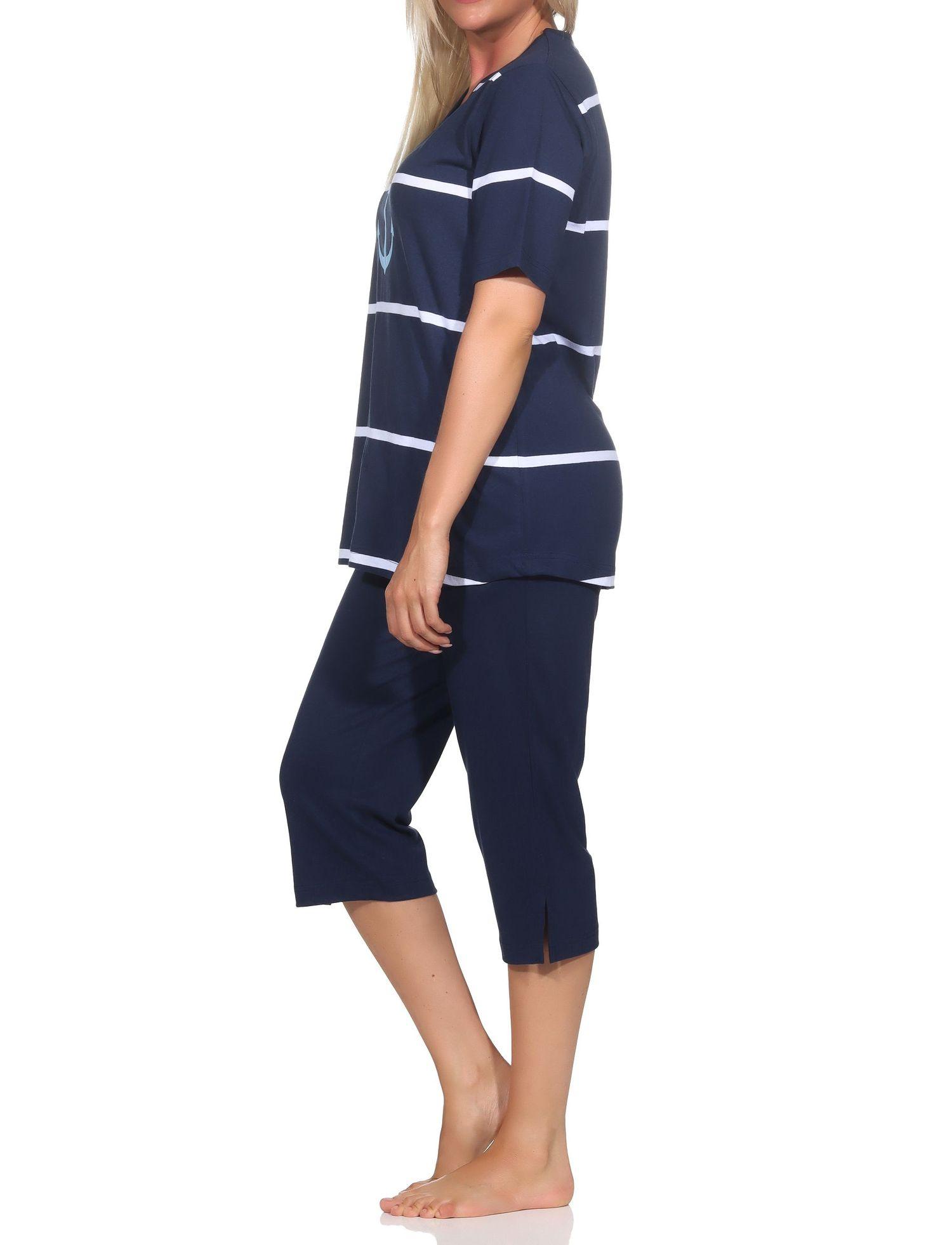 Maritimer Damen kurzarm Capri Schlafanzug Shorty mit Anker Motiv - auch in Übergröße
