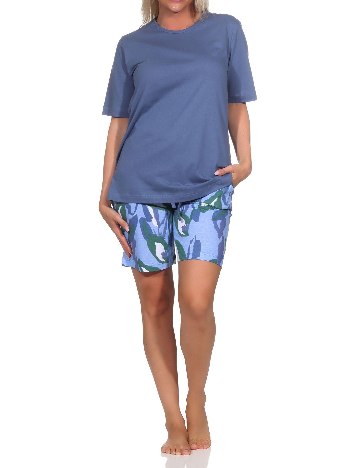Normann Damen Schlafanzug kurzarm Shorty aus weichem Jersey, Pyjamahose im modernen Print