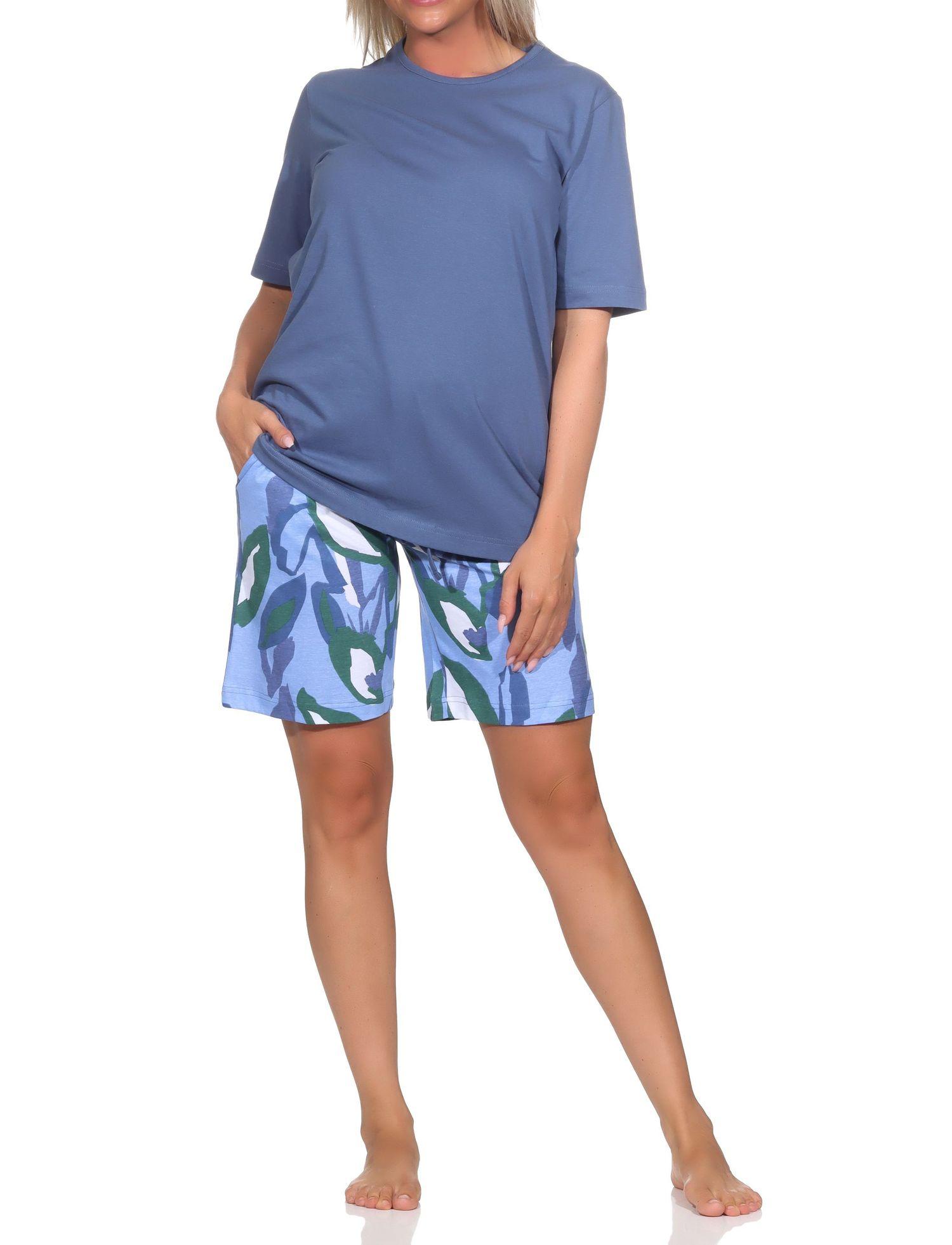 Normann Damen Schlafanzug kurzarm Shorty aus weichem Jersey, Pyjamahose im modernen Print
