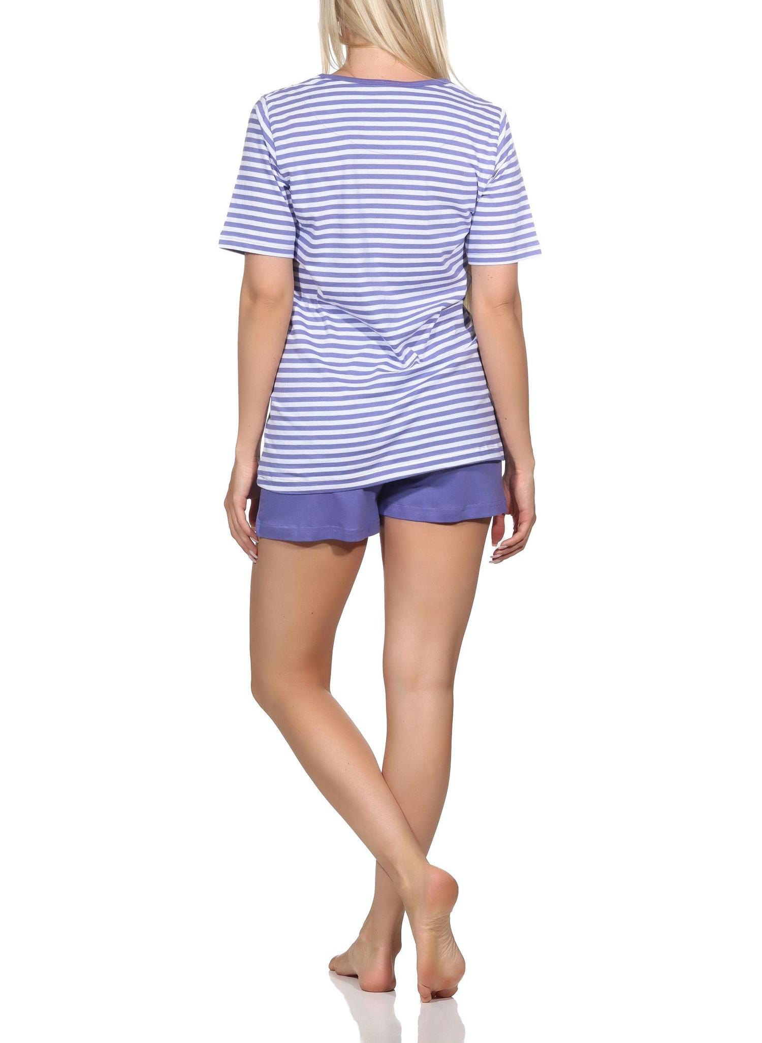 Normann Damen kurzarm Schlafanzug Shorty Pyjama in feiner Streifenoptik mit Frontprint
