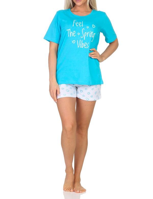 Normann Damen Schlafanzug kurzarm Shorty mit Pyjama-Hose in Herz Optik