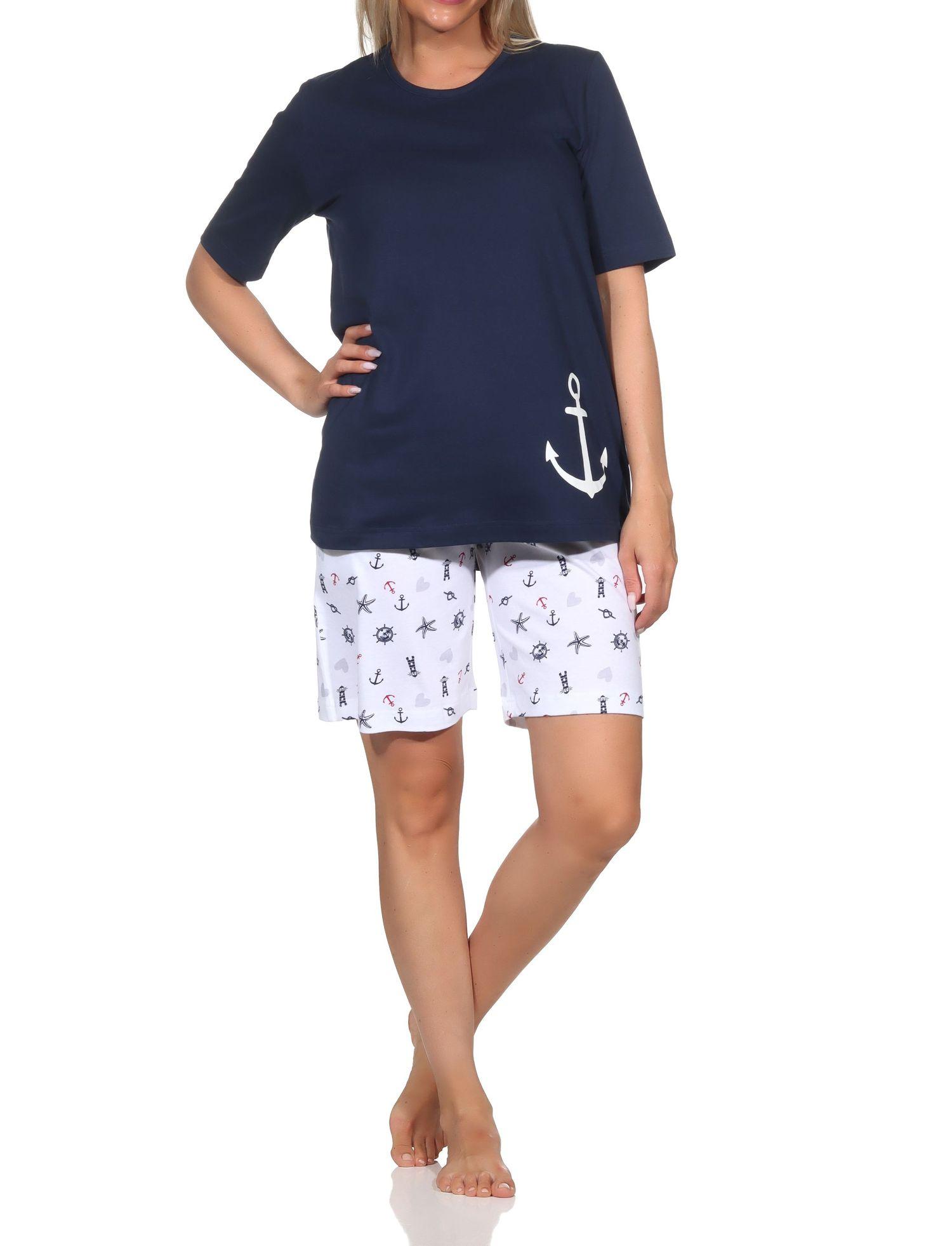 Normann Damen kurzarm Schlafanzug Shorty in maritimer Optik - auch in Übergrößen