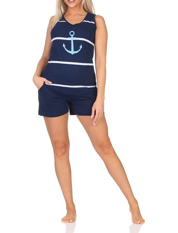 Maritimer ärmelloser Damen Shorty Schlafanzug mit Leuchturm – auch in Übergröße