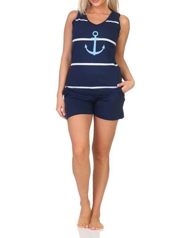 Maritimer ärmelloser Damen Shorty Schlafanzug mit Leuchturm – auch in Übergröße