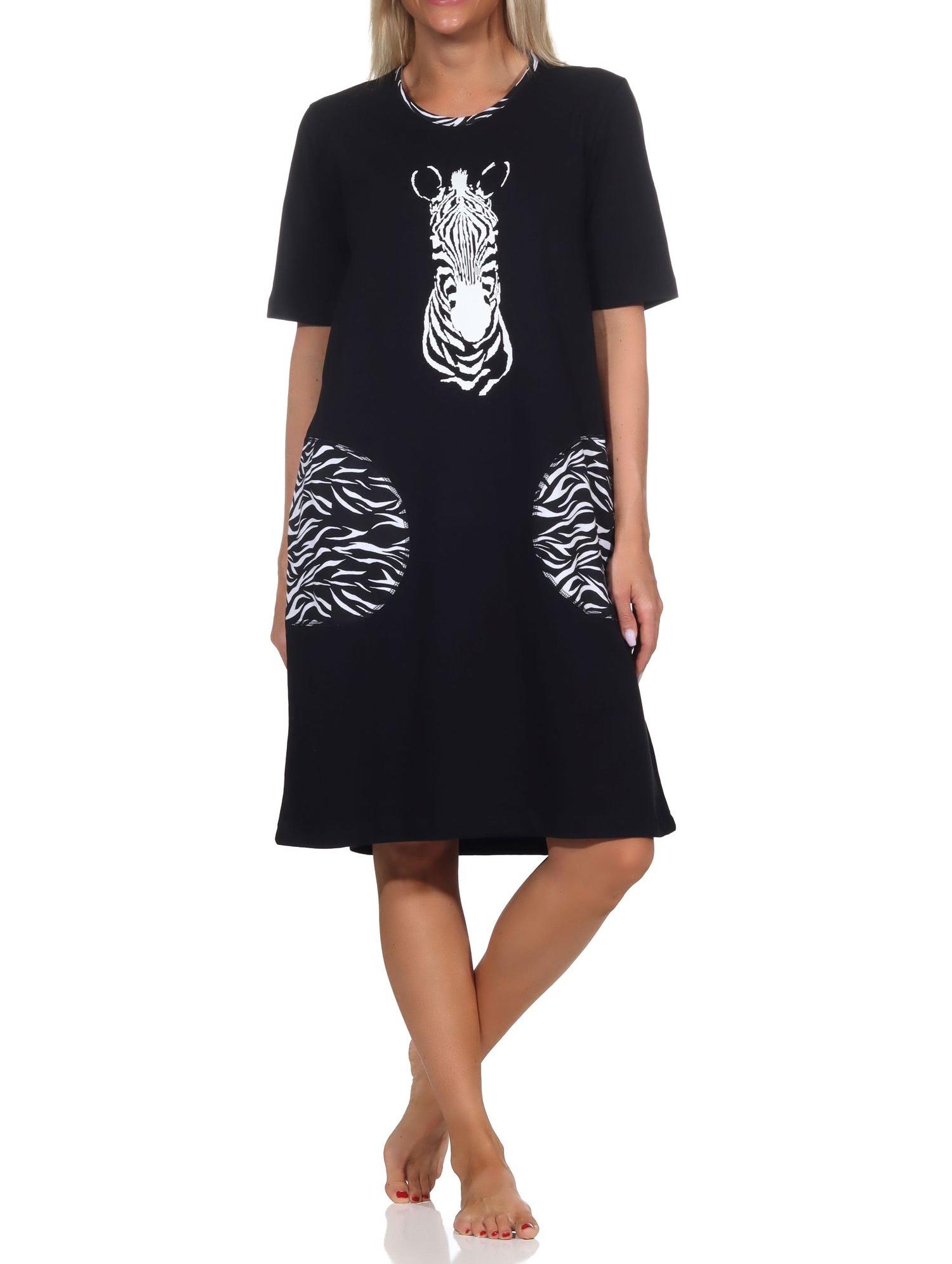 Normann Damen kurzarm Nachthemd mit Tiermotiv und aufgesetzten Taschen - auch in Übergröße