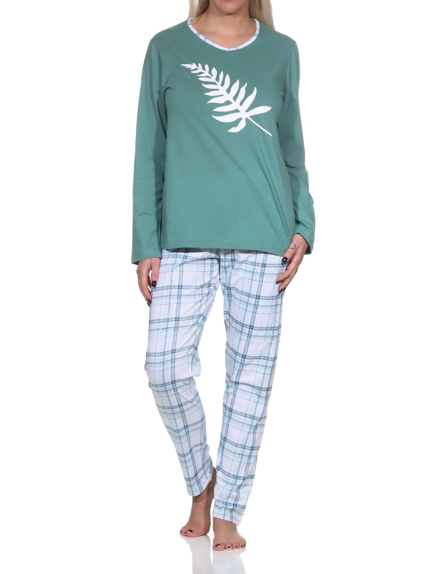 Normann Damen Jersey Pyjama langarm in tollen Farben mit Karo-Muster und V-Hals