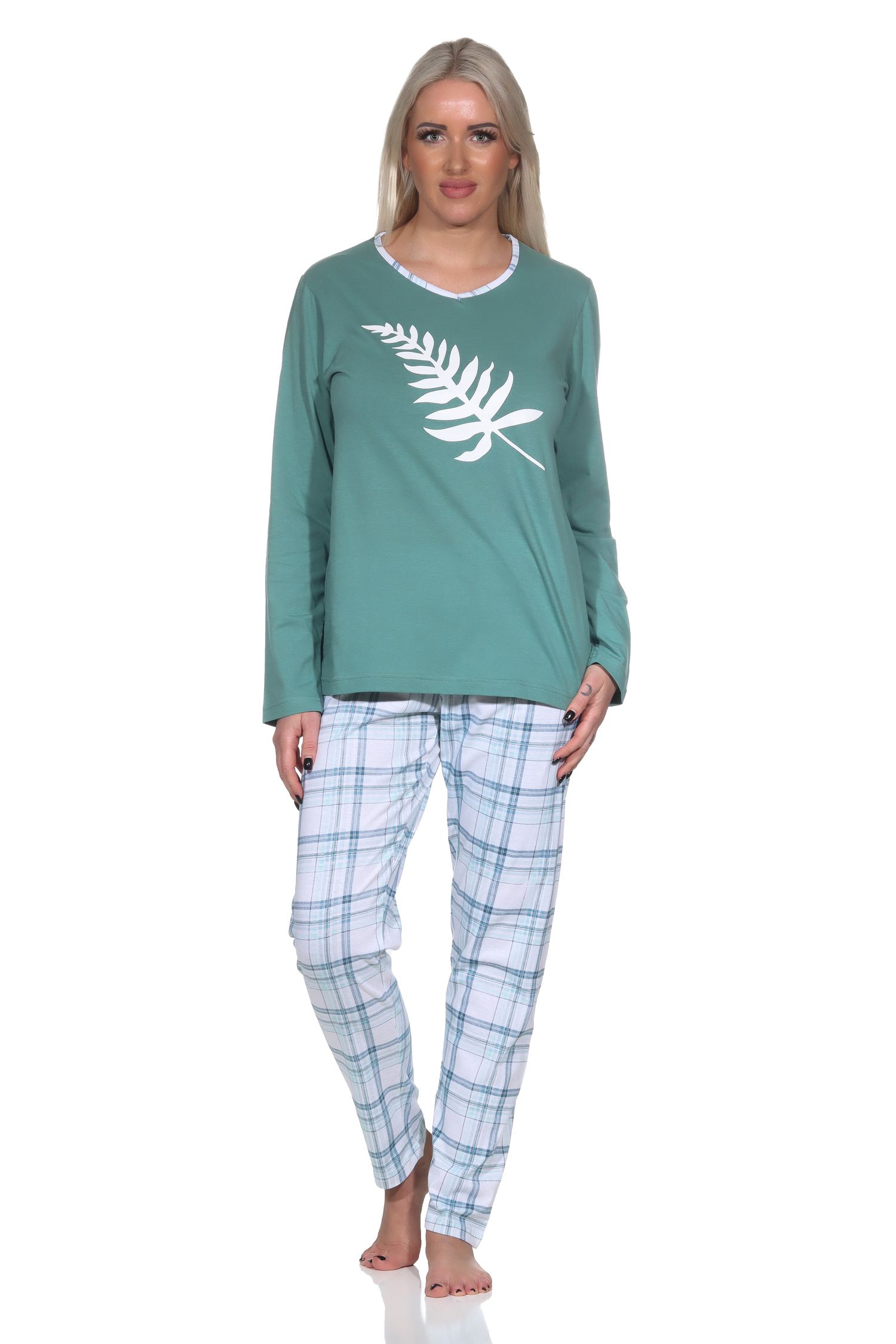 Normann Damen Jersey Pyjama langarm in tollen Farben mit Karo-Muster und V-Hals