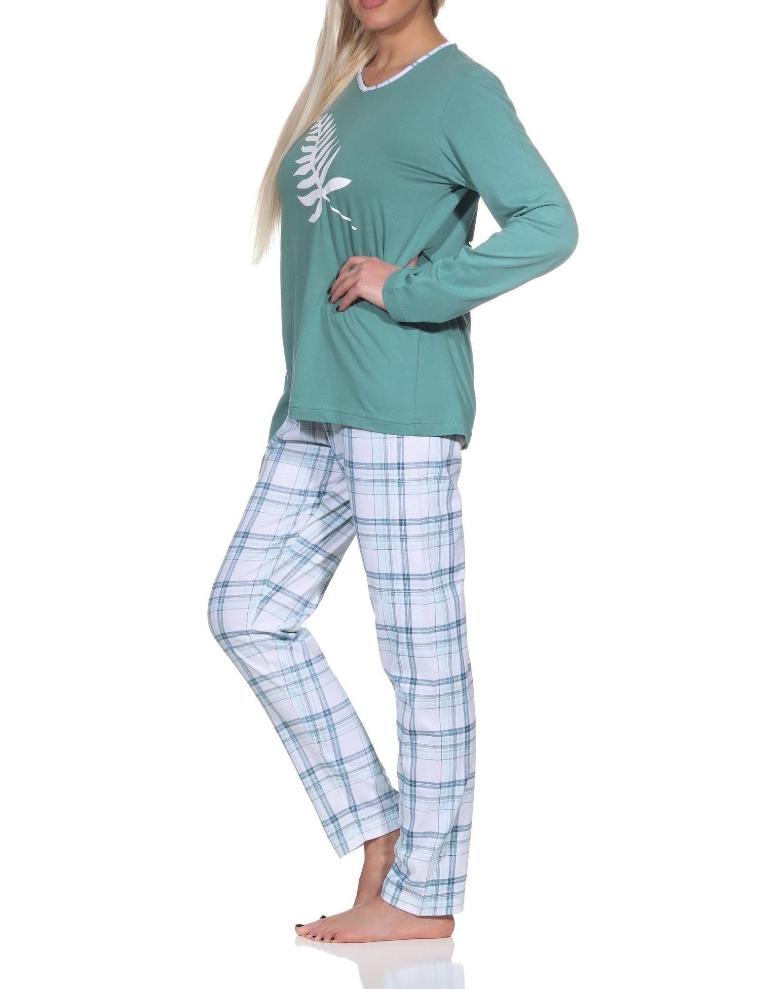 Normann Damen Jersey Pyjama langarm in tollen Farben mit Karo-Muster und V-Hals