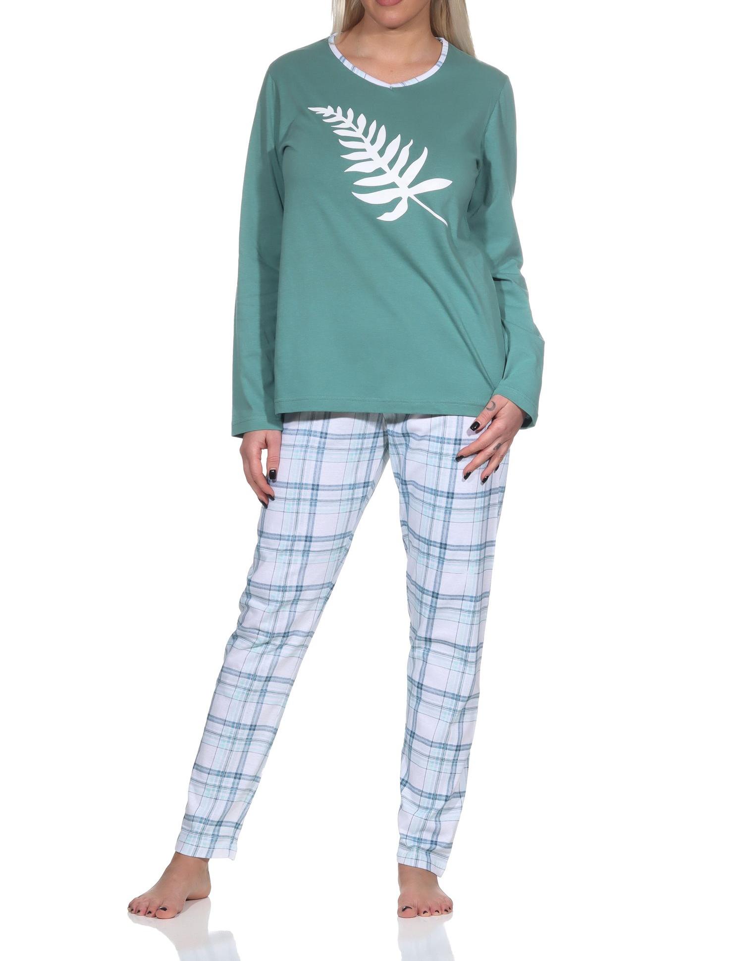 Normann Damen Jersey Pyjama langarm in tollen Farben mit Karo-Muster und V-Hals