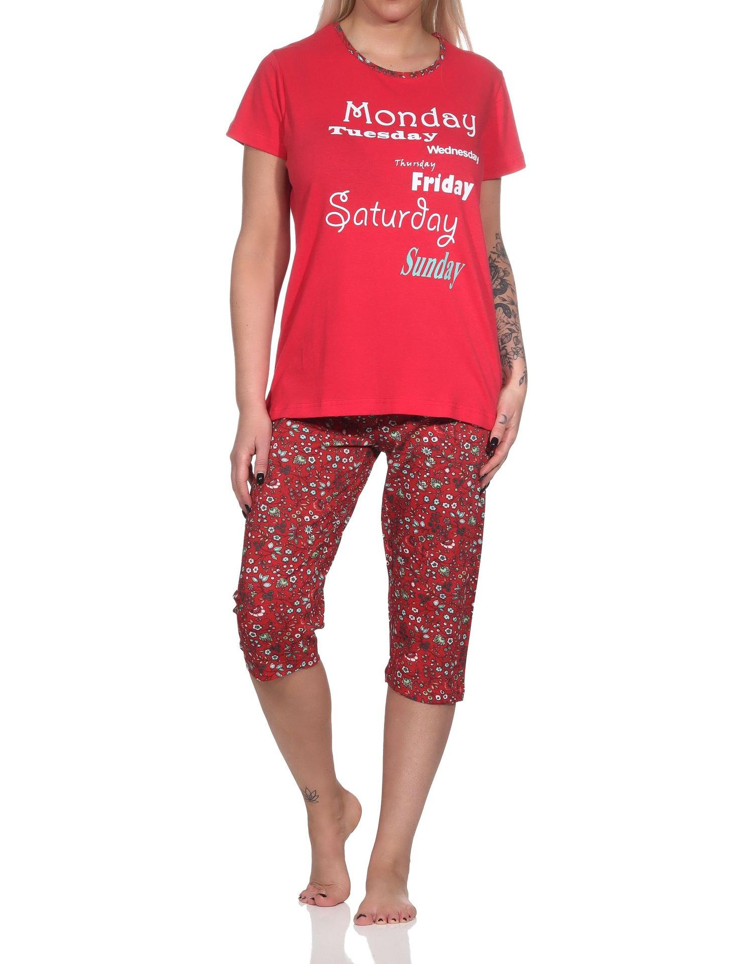 Lässiger Damen Capri Pyjama mit Allover-Muster und Frontprint, ¾ Capri Hose