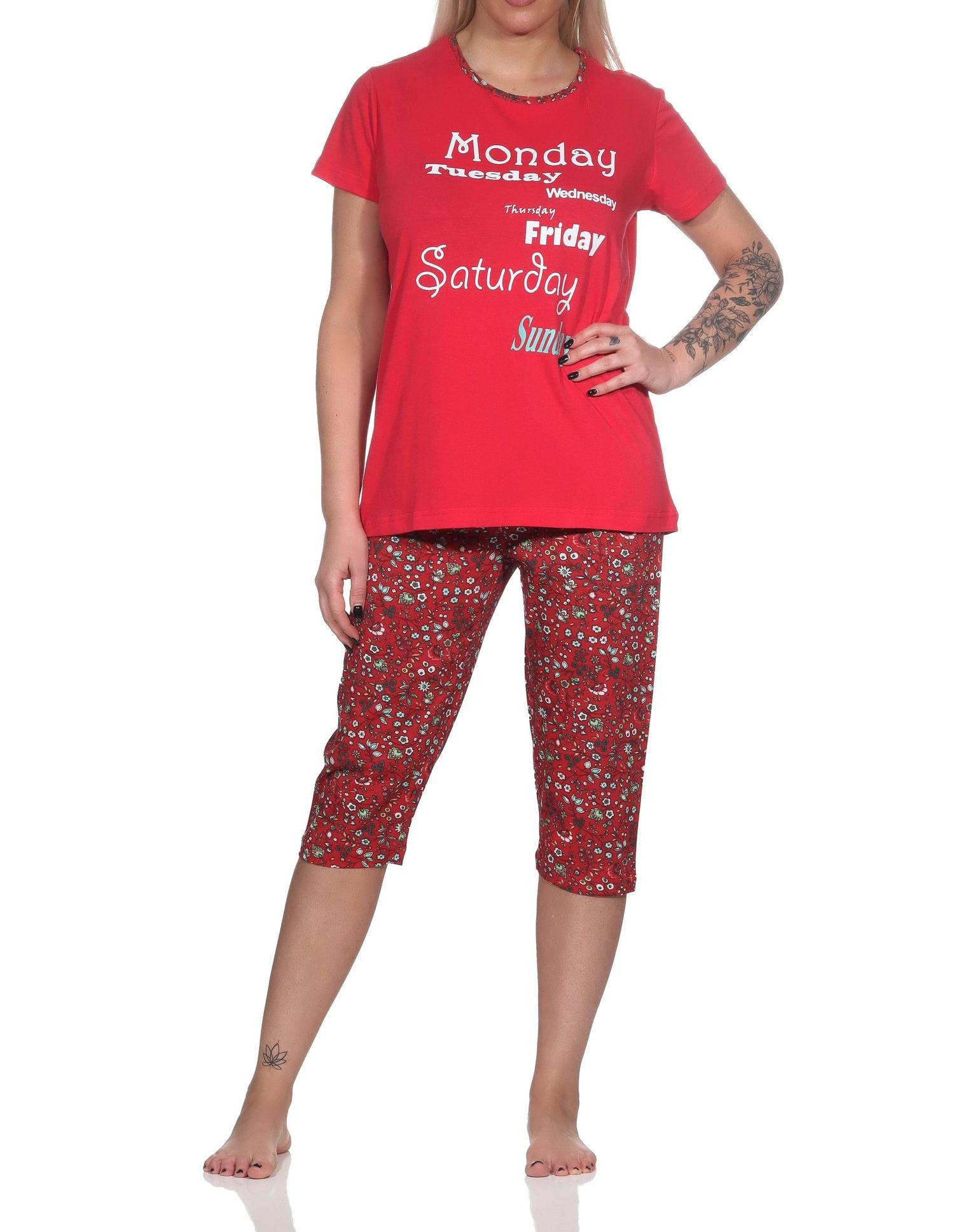 Lässiger Damen Capri Pyjama mit Allover-Muster und Frontprint, ¾ Capri Hose