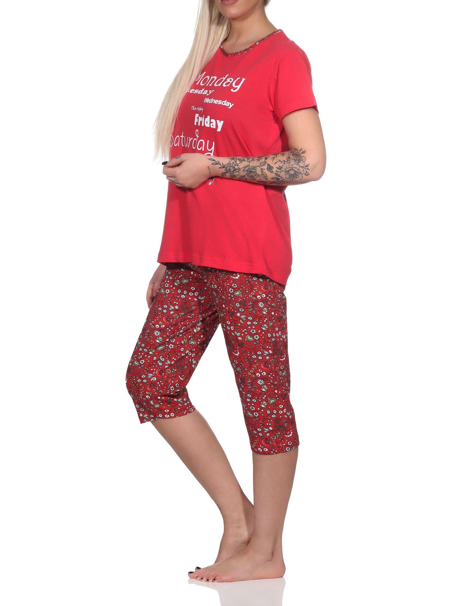 Lässiger Damen Capri Pyjama mit Allover-Muster und Frontprint, ¾ Capri Hose