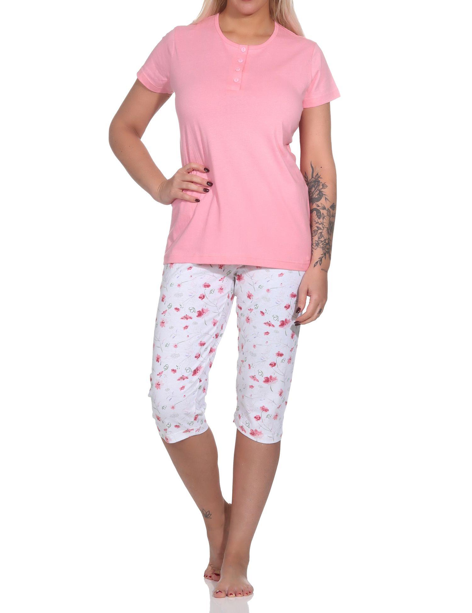 Eleganter Damen Capri Pyjama, Schlafanzug mit Knopfleiste und ¾ Capri Hose