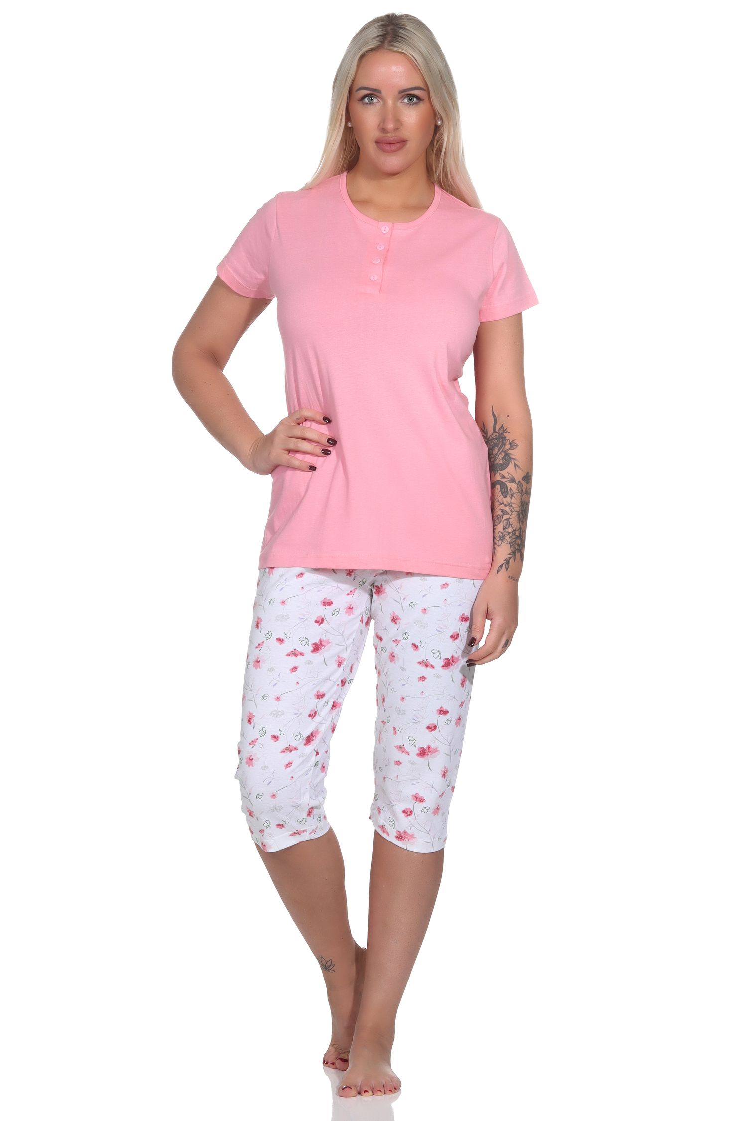 Eleganter Damen Capri Pyjama, Schlafanzug mit Knopfleiste und ¾ Capri Hose