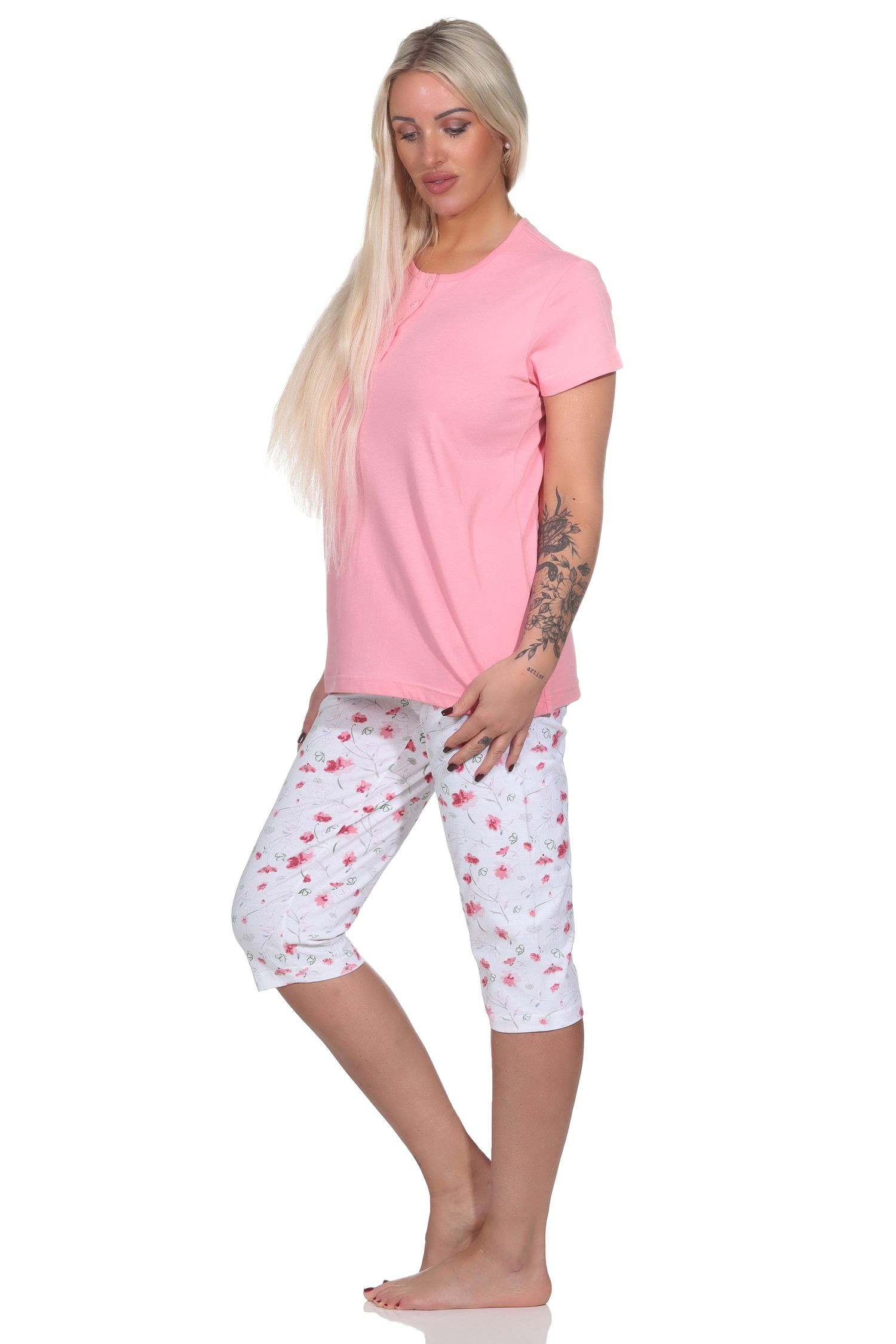 Eleganter Damen Capri Pyjama, Schlafanzug mit Knopfleiste und ¾ Capri Hose