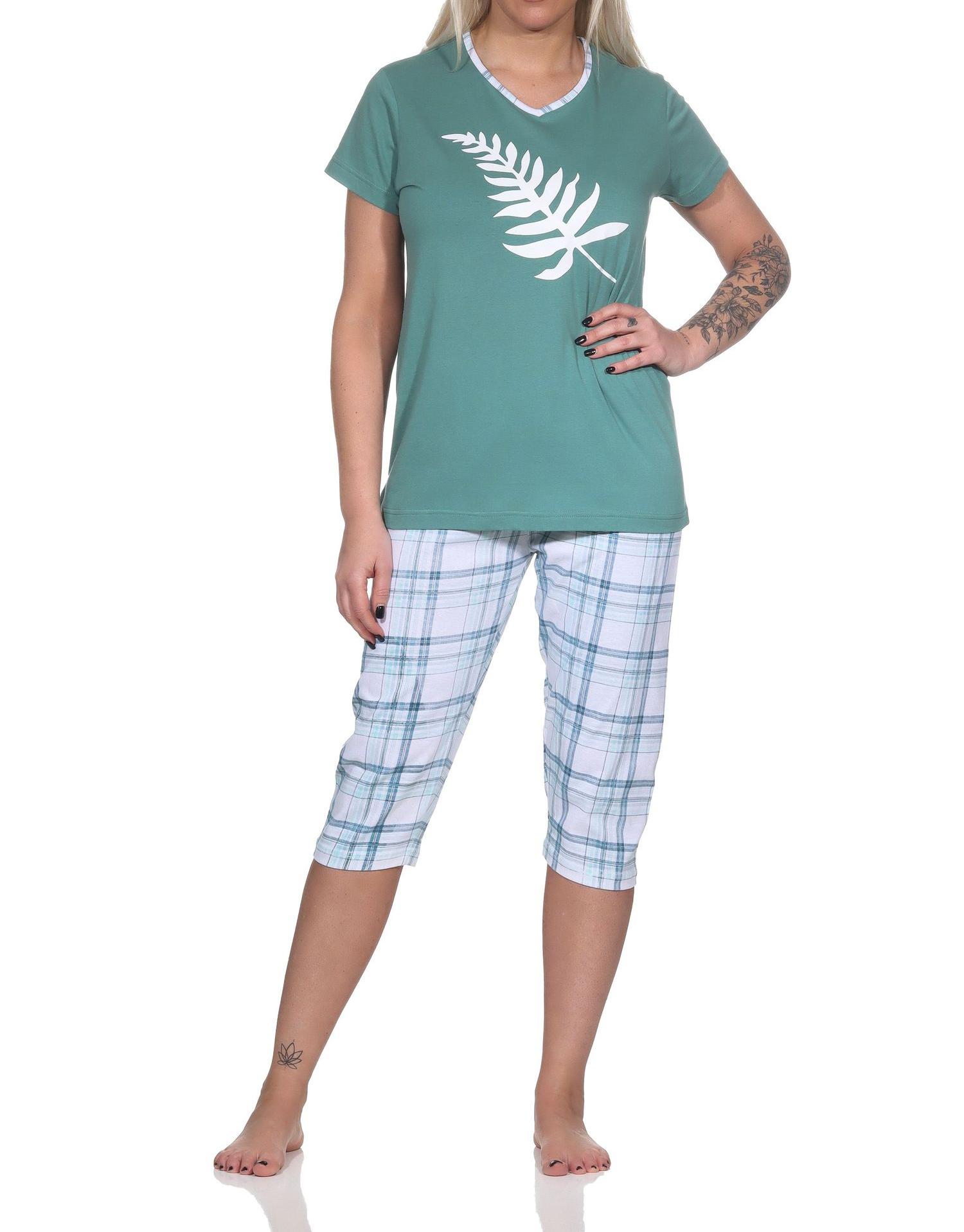 Eleganter Damen Capri Pyjama mit karierter ¾ Hose und Frontprint