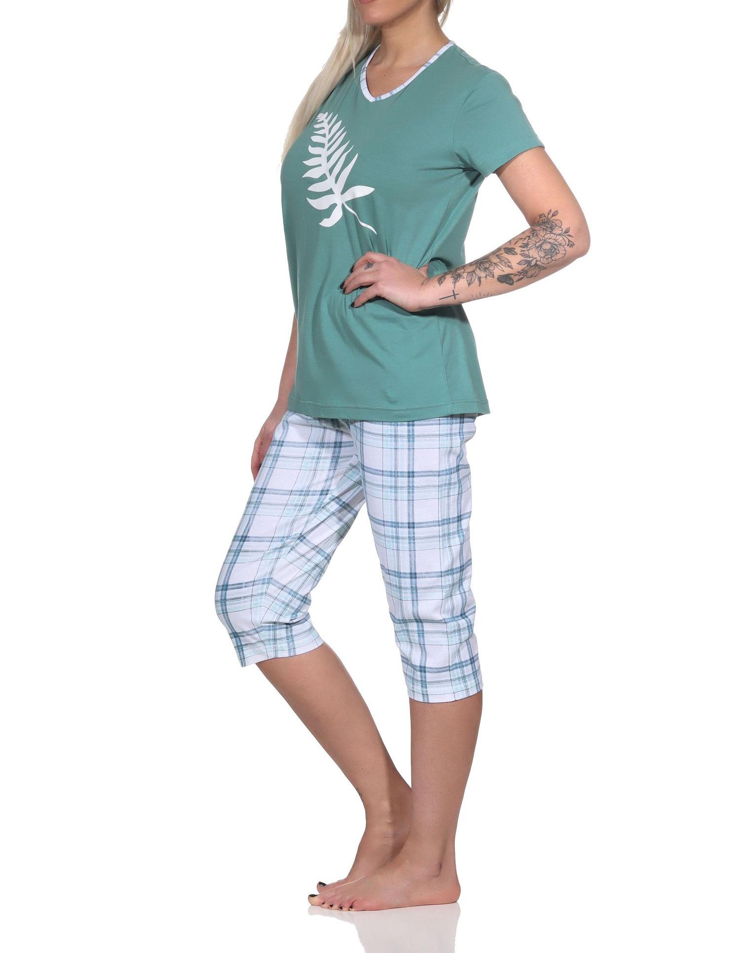 Eleganter Damen Capri Pyjama mit karierter ¾ Hose und Frontprint