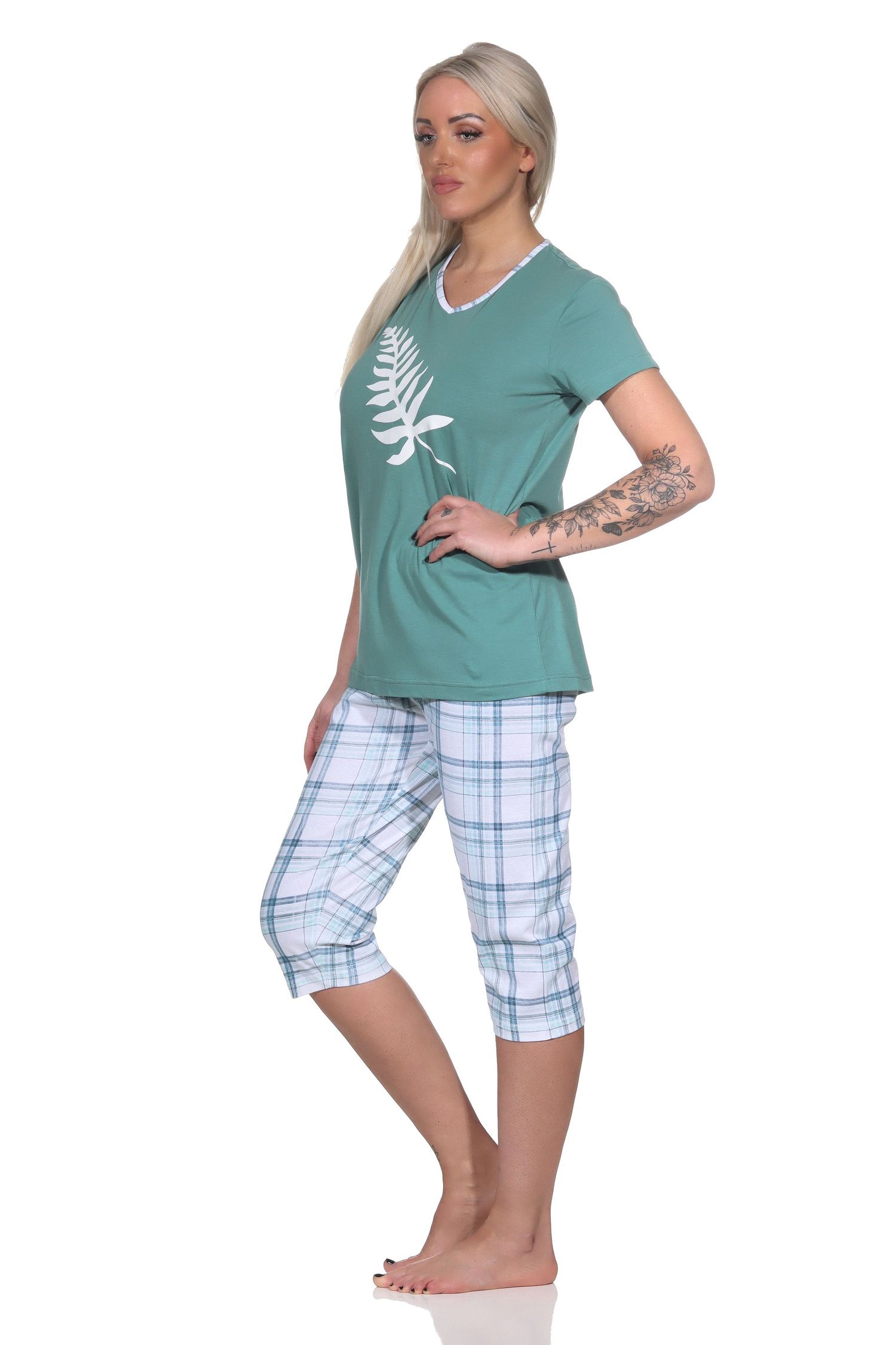 Eleganter Damen Capri Pyjama mit karierter ¾ Hose und Frontprint