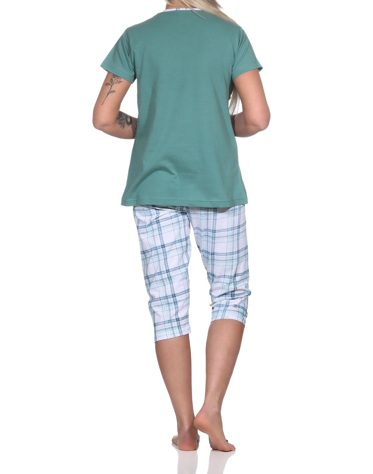 Eleganter Damen Capri Pyjama mit karierter ¾ Hose und Frontprint