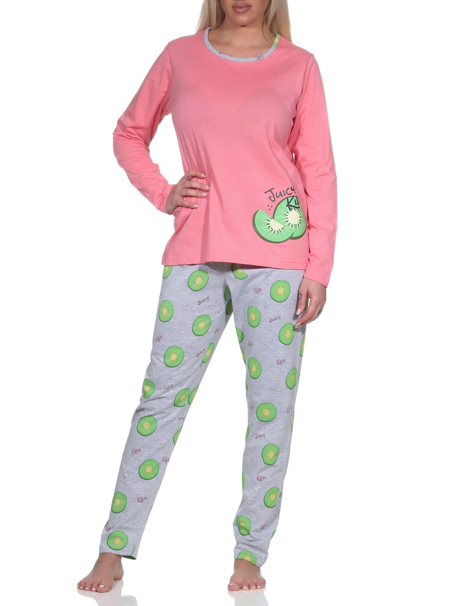 Normann Damen Schlafanzug langarm Pyjama mit Pyjamahose in coolem allover Print