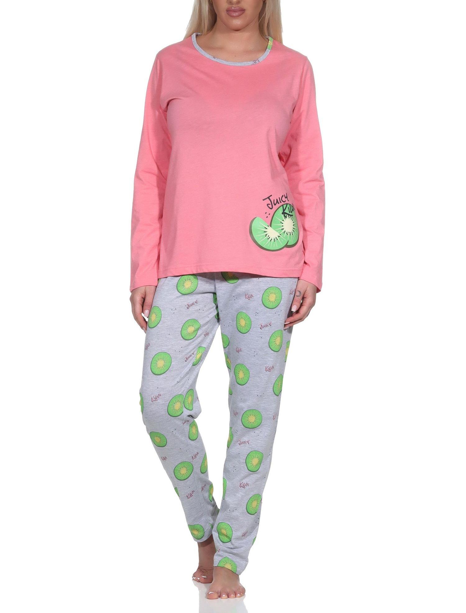 Normann Damen Schlafanzug langarm Pyjama mit Pyjamahose in coolem allover Print
